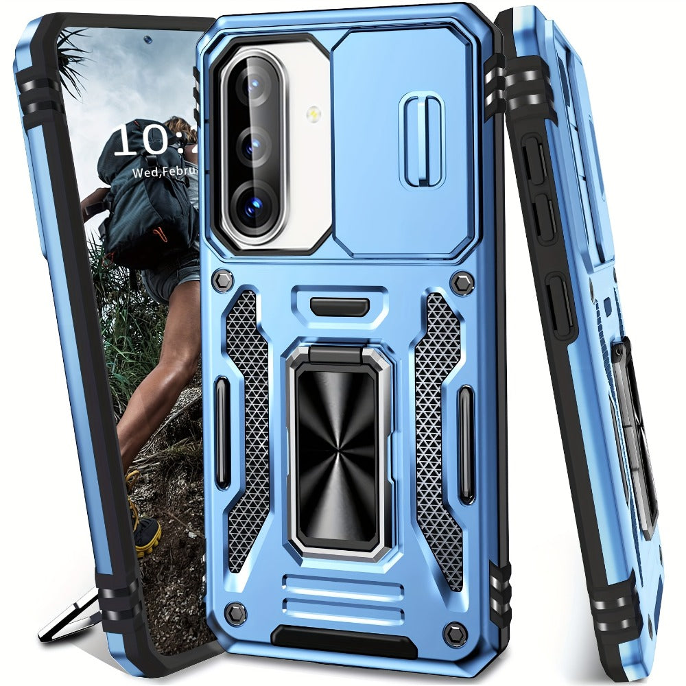 Samsung Galaxy Shockproof Magnetic Phone Case with 360° Rotating Ring Bracket & Sliding Lens Protector – Heavy Duty Cover for S24FE S23FE S22 S21FE Ultra A55 A54 A35 A34 A25 A24 A16 A15 A14 A06 A05 A05S 5G