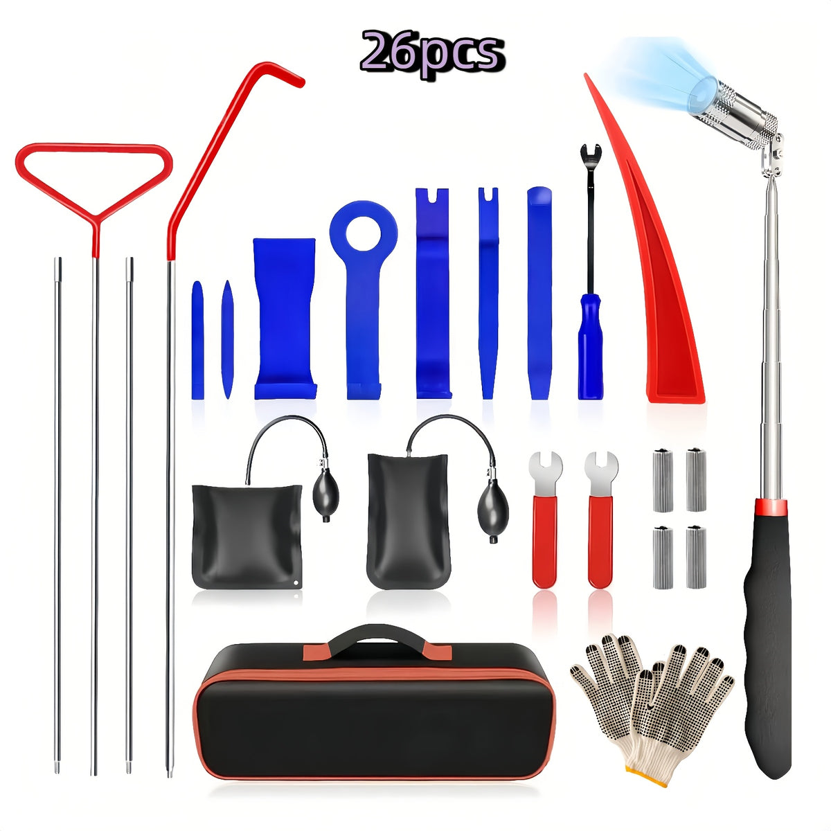 Air Wedge Pump Car Door Unlock Kit – Emergency Lockout Tool Set with Long Reach Grabber & Window Opening Gripper, 20 & 26-Piece No Battery Required