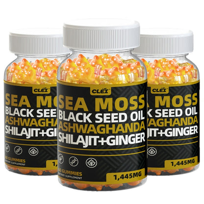 Immune Support Gummies with Sea Moss 1445mg – 10-in-1 Superfood Blend with Black Seed Oil, Ashwagandha, Elderberry, Turmeric, Bladderwrack, Chlorophyll, Shilajit & Ginger – 60 Count Daily Wellness Supplement