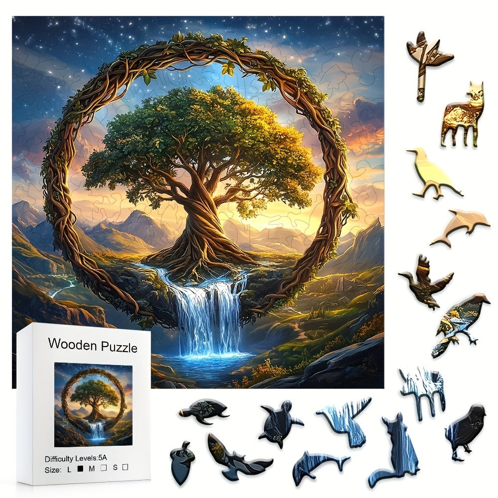 Tree of the Universe Wooden Jigsaw Puzzle with Irregular Pieces and 11 x 11 Inch Pictured Display Size