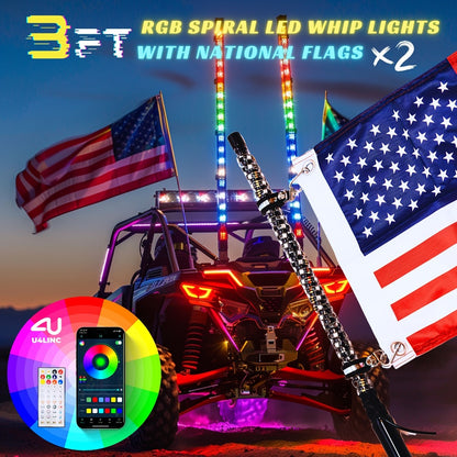 RGB LED Whip Lights for UTV ATV – 1ft/2ft/3ft/4ft Spiral Color Changing Neon Light Whips with Remote & App Control, Music Sync, for RZR SXS Dune Buggy Off-Road Truck (2pcs, No Spring Base)