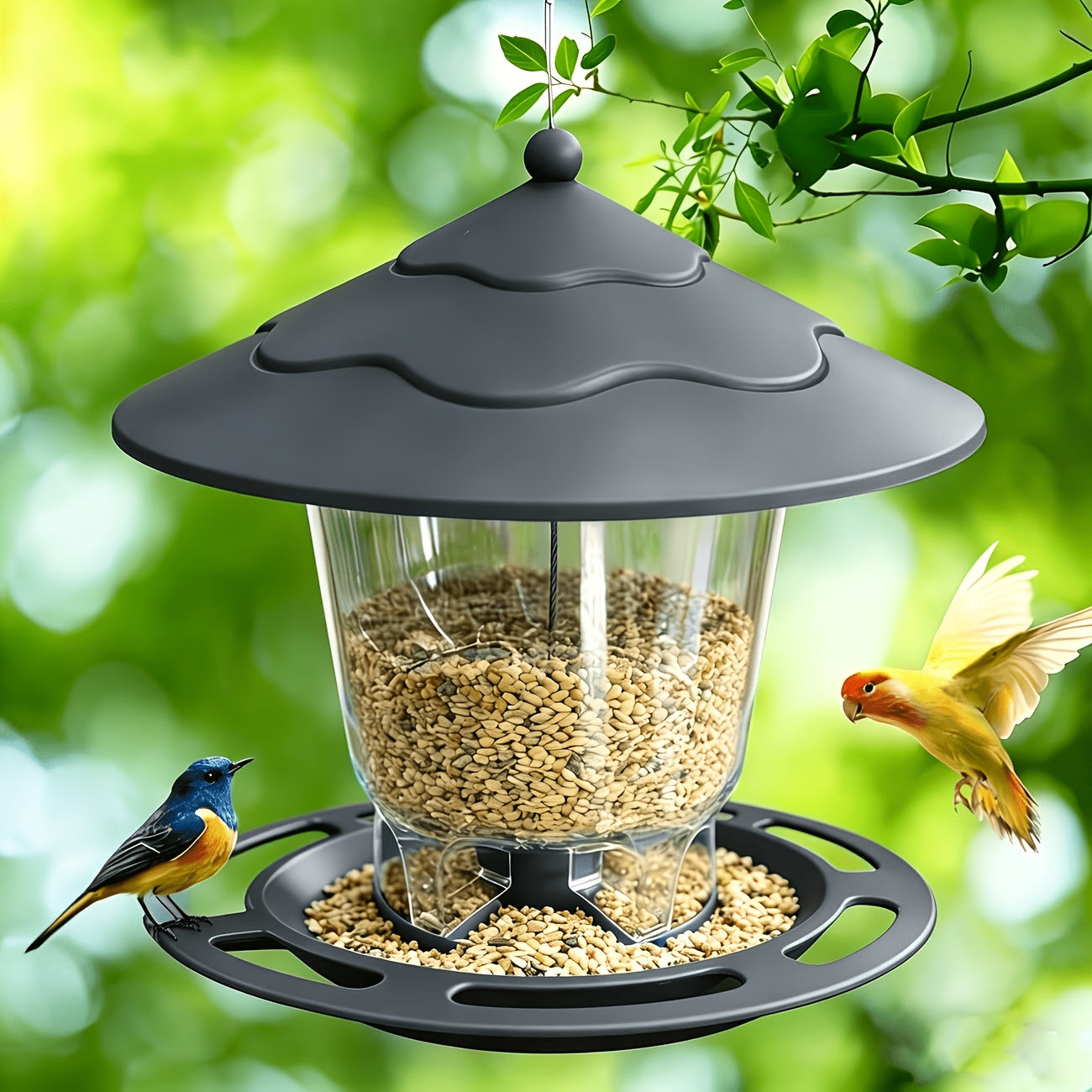 Hanging Bird Feeder with Tiered Roof, Clear Seed Chamber and Brown, Grey or Green Finish Options