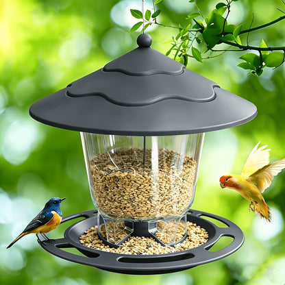 Hanging Bird Feeder with Tiered Roof, Clear Seed Chamber and Brown, Grey or Green Finish Options