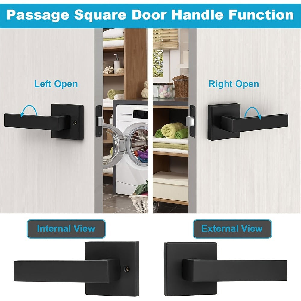 Matte Black Square Door Handle Set – Interior Passage Door Knob for Hall & Closet, Heavy-Duty Left & Right Hand Compatible, Modern Hardware