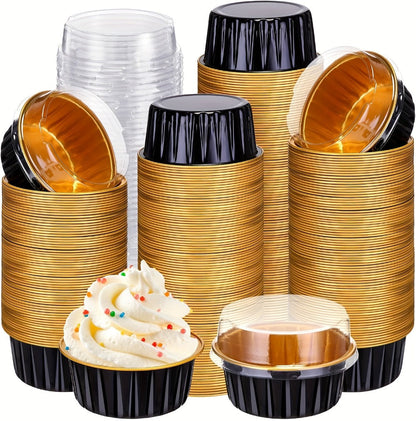 Aluminum Foil Baking Cups with Lids, Disposable Cupcake Molds with Spoons, Oven Safe Foil Dessert Cups for Pudding Muffins Mousse, Party Baking Supplies for Weddings Birthdays, 30 or 50 Sets