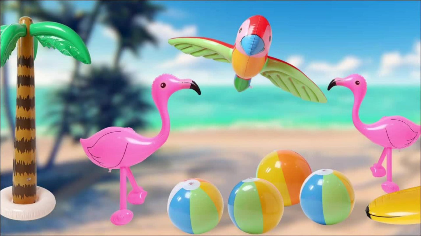 Hawaiian Luau Inflatable Decoration Set with Two Palm Trees, Two Flamingos, Four Beach Balls, Parrot and Banana