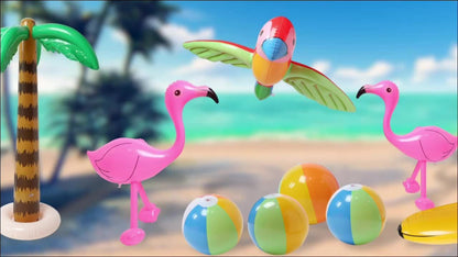 Hawaiian Luau Inflatable Decoration Set with Two Palm Trees, Two Flamingos, Four Beach Balls, Parrot and Banana