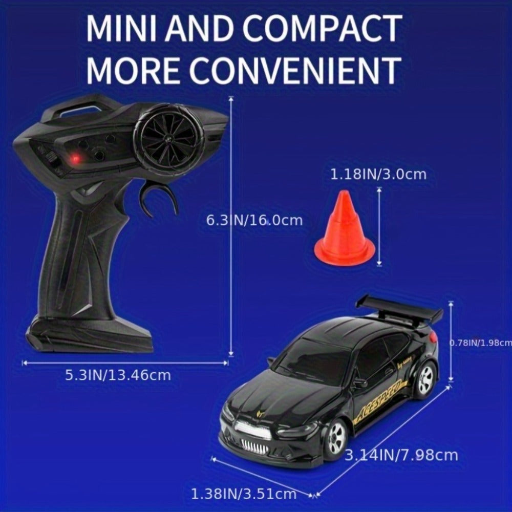 Mini RC Drift Sports Car 1:64 Scale with 4WD Layout, LED Details, Remote Controller and Two Color Options