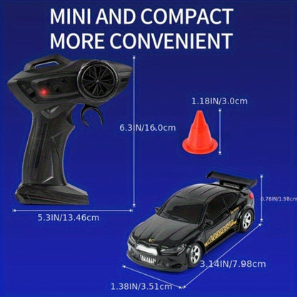 Mini RC Drift Sports Car 1:64 Scale with 4WD Layout, LED Details, Remote Controller and Two Color Options
