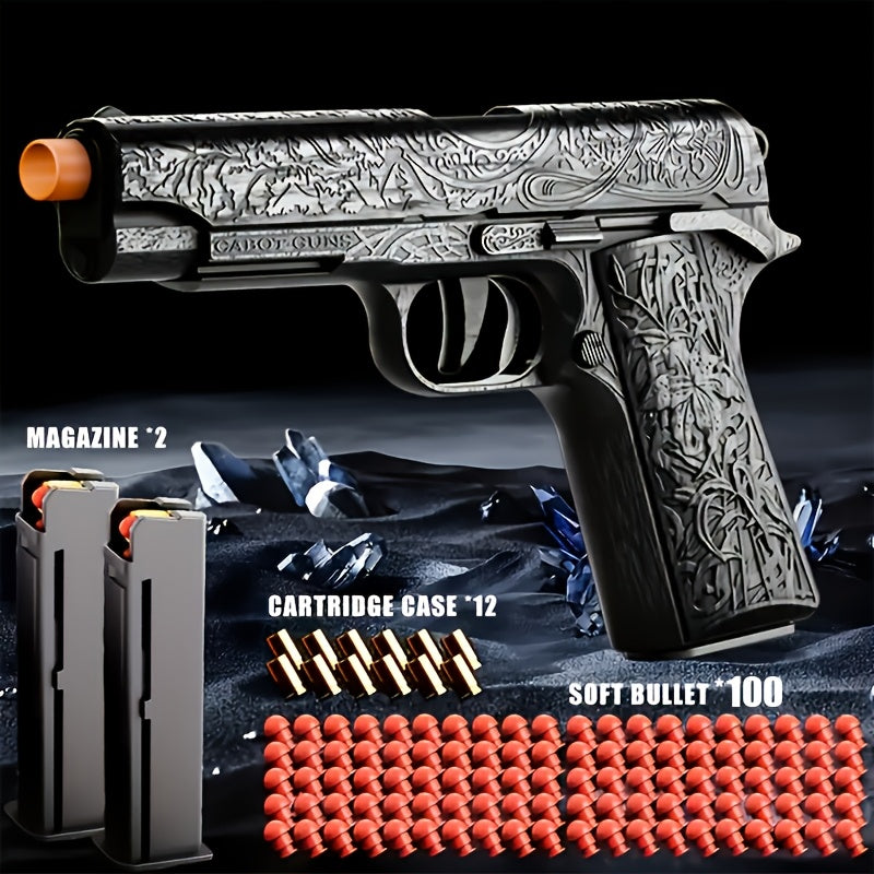 Soft Bullet Toy Gun with 120 Shells & Ejecting Shell System – Semi-Auto Rapid-Fire Pistol for Boys, 2 Magazines, Indoor Outdoor Shooting Game, Birthday Gift for Kids Ages 6+