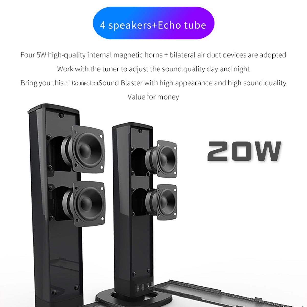 Detachable 21.65-Inch TV Soundbar with TF, AUX, USB and RCA Inputs, FM Radio and Black Finish