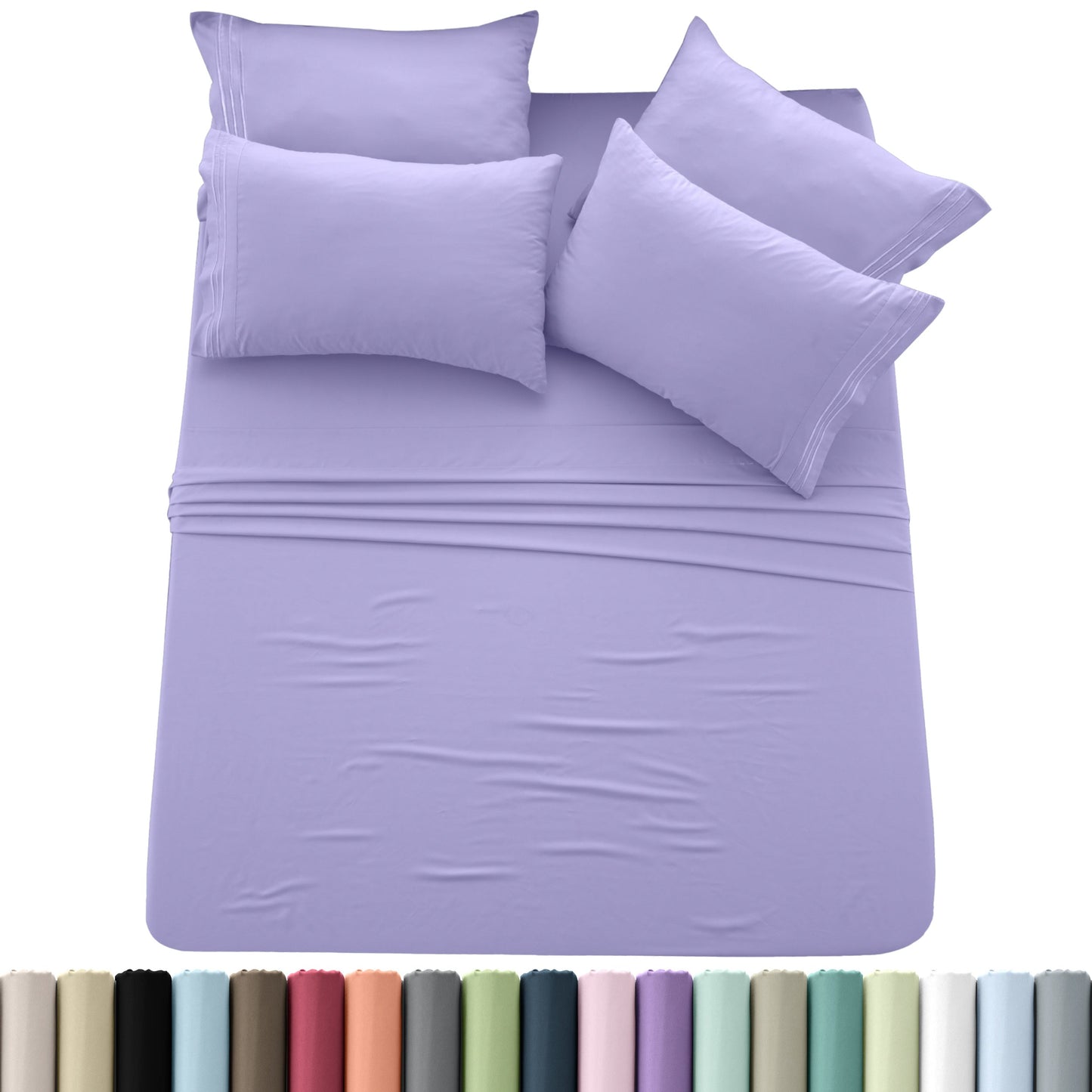 Sheet Set, Six-Piece Brushed Polyester Bedding with 16-Inch Fitted Pocket, Four Pillowcases and Twenty Colors