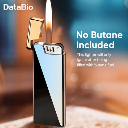 Ultra-Slim Wheel-Ignition Butane Lighter with Adjustable Open Flame in Black or Colorful Ice Finish