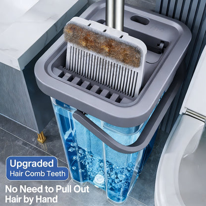Eight-Piece Flat Mop and Bucket Set with Six Microfiber Pads, Cleaning Gloves and Hands-Free Wringer