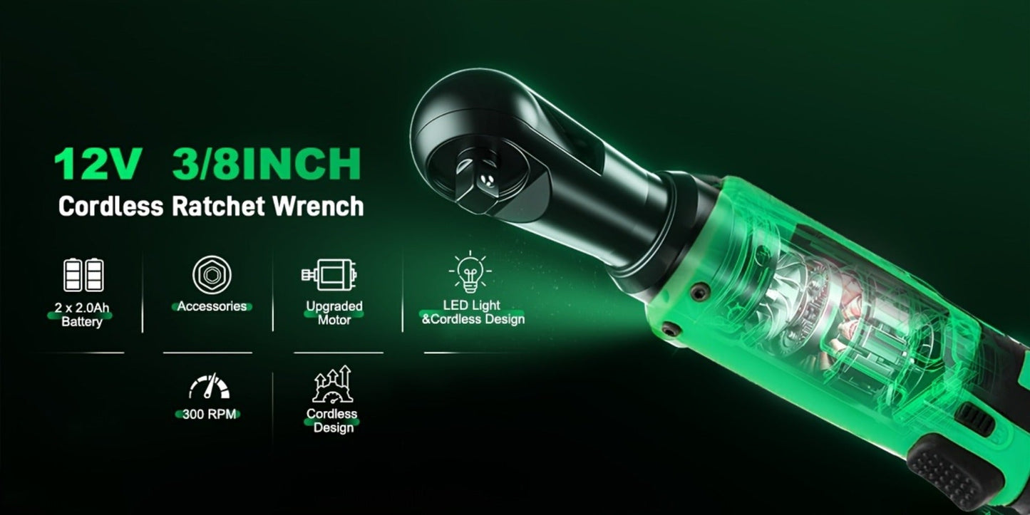12V Cordless Ratchet Wrench Set 3/8" Drive | 40 Ft-lbs Torque, Variable Speed Trigger, Lithium-Ion Battery, 7 Sockets Included