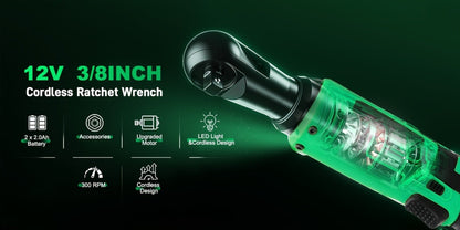 12V Cordless Ratchet Wrench Set 3/8" Drive | 40 Ft-lbs Torque, Variable Speed Trigger, Lithium-Ion Battery, 7 Sockets Included