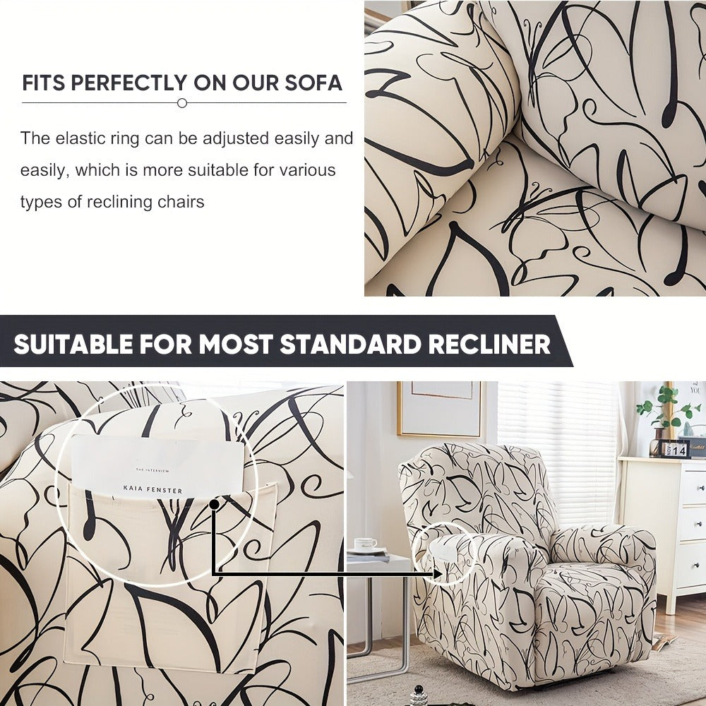 Recliner Slipcover Set, Four-Piece Polyester-Spandex Cover with Side Pocket in Ten Printed Options