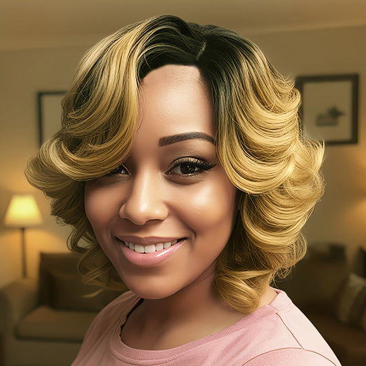 Synthetic Wig 12-Inch Ombre Blonde Curly-Wave Bob with Dark Roots and Adjustable Cap for Party Styling