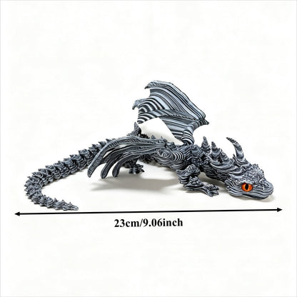 Articulated Black-and-White Swirl Dragon Figurine with Poseable Segments and Random Eye Color for Desktop Display
