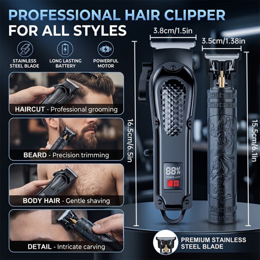 2-Piece Hair Clipper Set with Full-Size Clipper, Detail Trimmer, Guide Combs and USB Charging Accessories