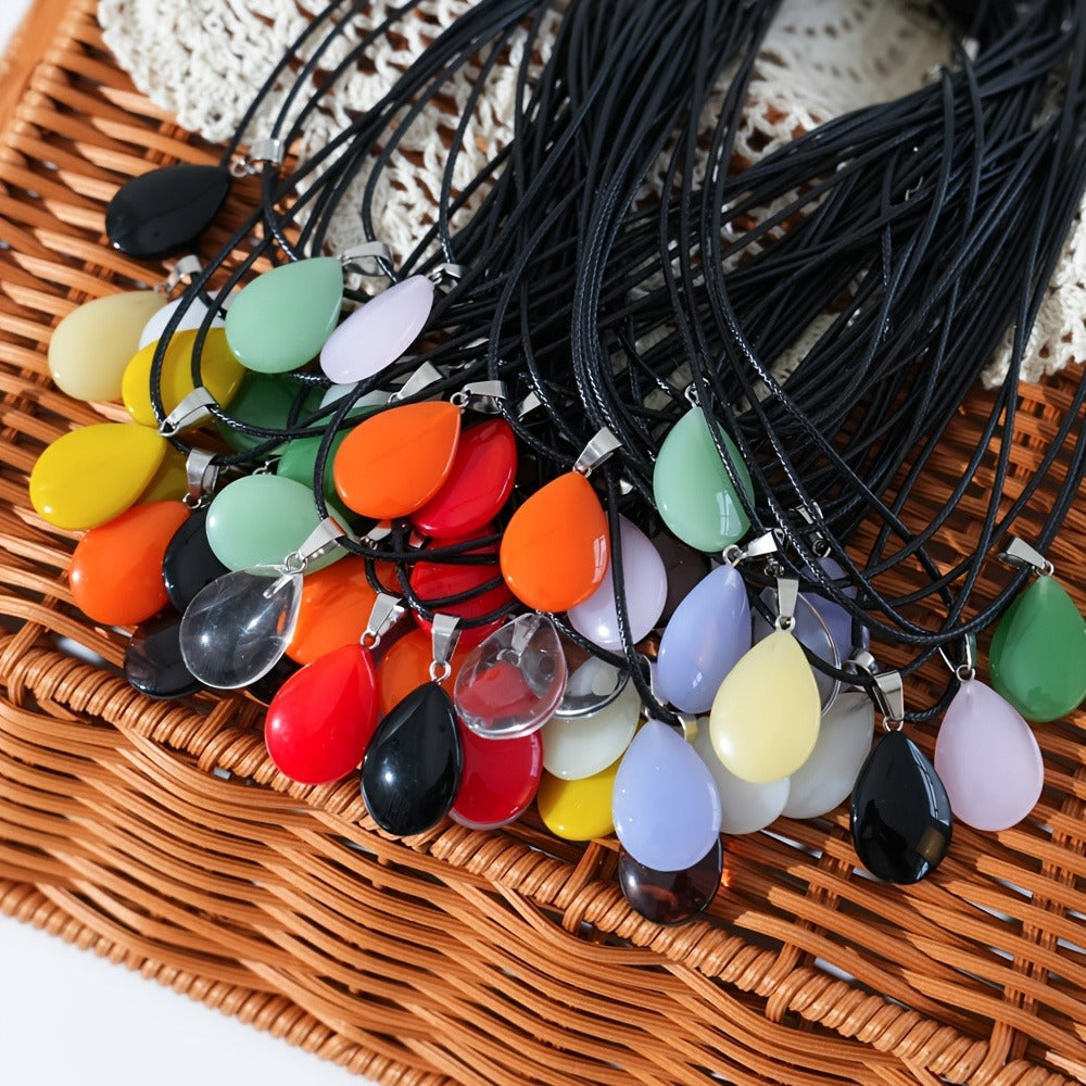 Forty-Piece Multicolor Teardrop Pendant Necklace Set with 20 Faux Crystal Charms and 20 Black Cords