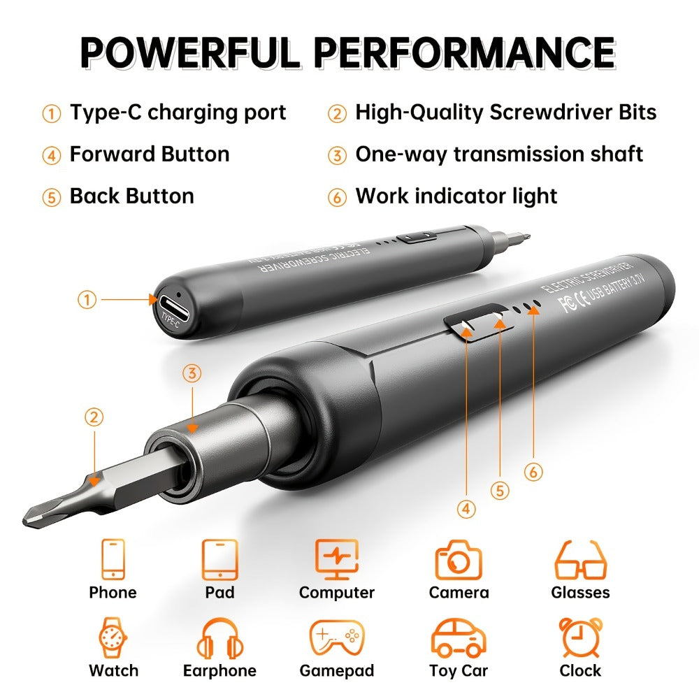 USB-Rechargeable Precision Electric Screwdriver Kit with 38 Magnetic Bits in Five Handle Colors