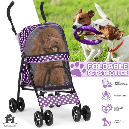 Four-Wheel Pet Stroller with Mesh Cabin, Folding Frame, Lower Basket and Ten Color or Print Options