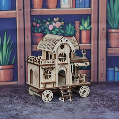 3D Wooden Mobile Home Puzzle Model Kit with Café Bar Details, 11 x 6 x 12 cm Finished Display