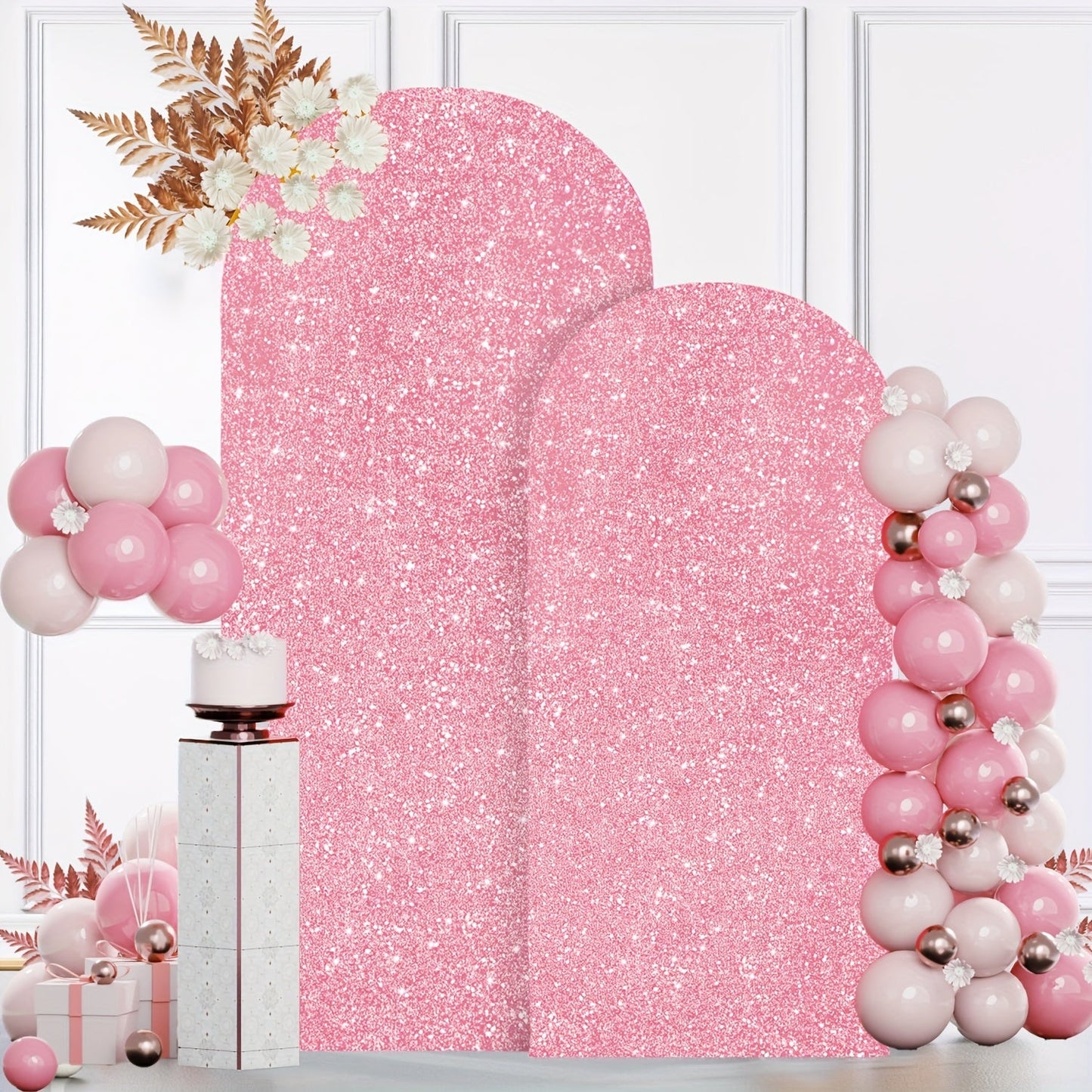 Glitter Sequin Wedding Arch Covers, Two-Piece 6 ft and 7.2 ft Spandex Backdrop Set in Eight Colors