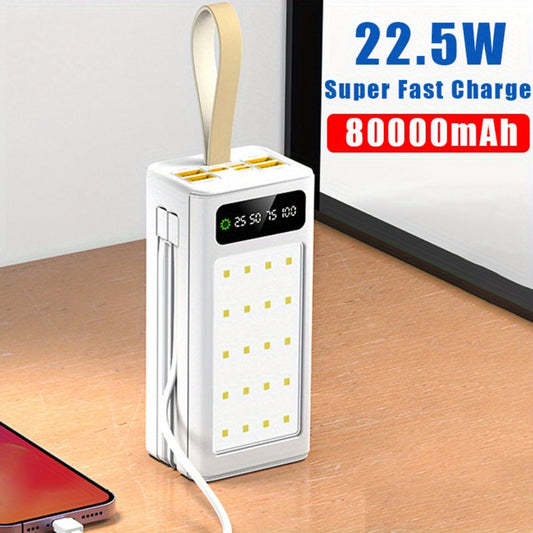 80000mAh Power Bank Built-in 4 Cables PD22.5W Fast Charging – LED Digital Display, Flashlight, Lanyard, Multi-Port Output, Portable Emergency Battery Pack for Outdoor Camping Travel iPhone Android iPad Gift