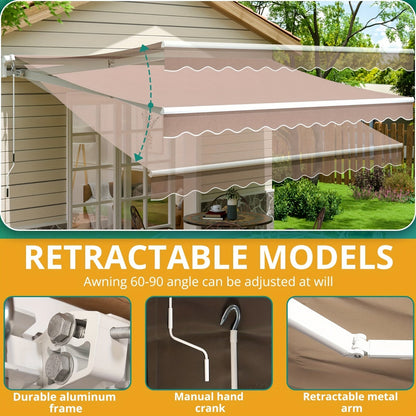 Retractable Awning Patio Manual Crank Aluminum UPF80+ Waterproof