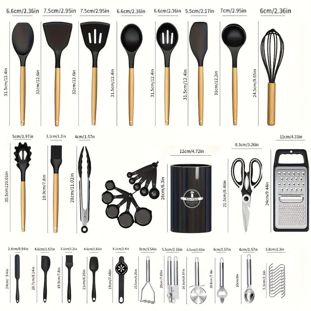 Silicone Kitchen Utensils Set 45pcs – Cooking Utensils for Nonstick Cookware, Stainless Steel Handle Spatulas, Heat Resistant Kitchen Gadgets & Tools, Pots and Pans Accessories, Black