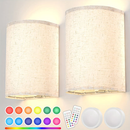 Rechargeable Two-Light Fabric Shade Wall Sconce Set with Magnetic Puck Lights and CCT or RGB Option