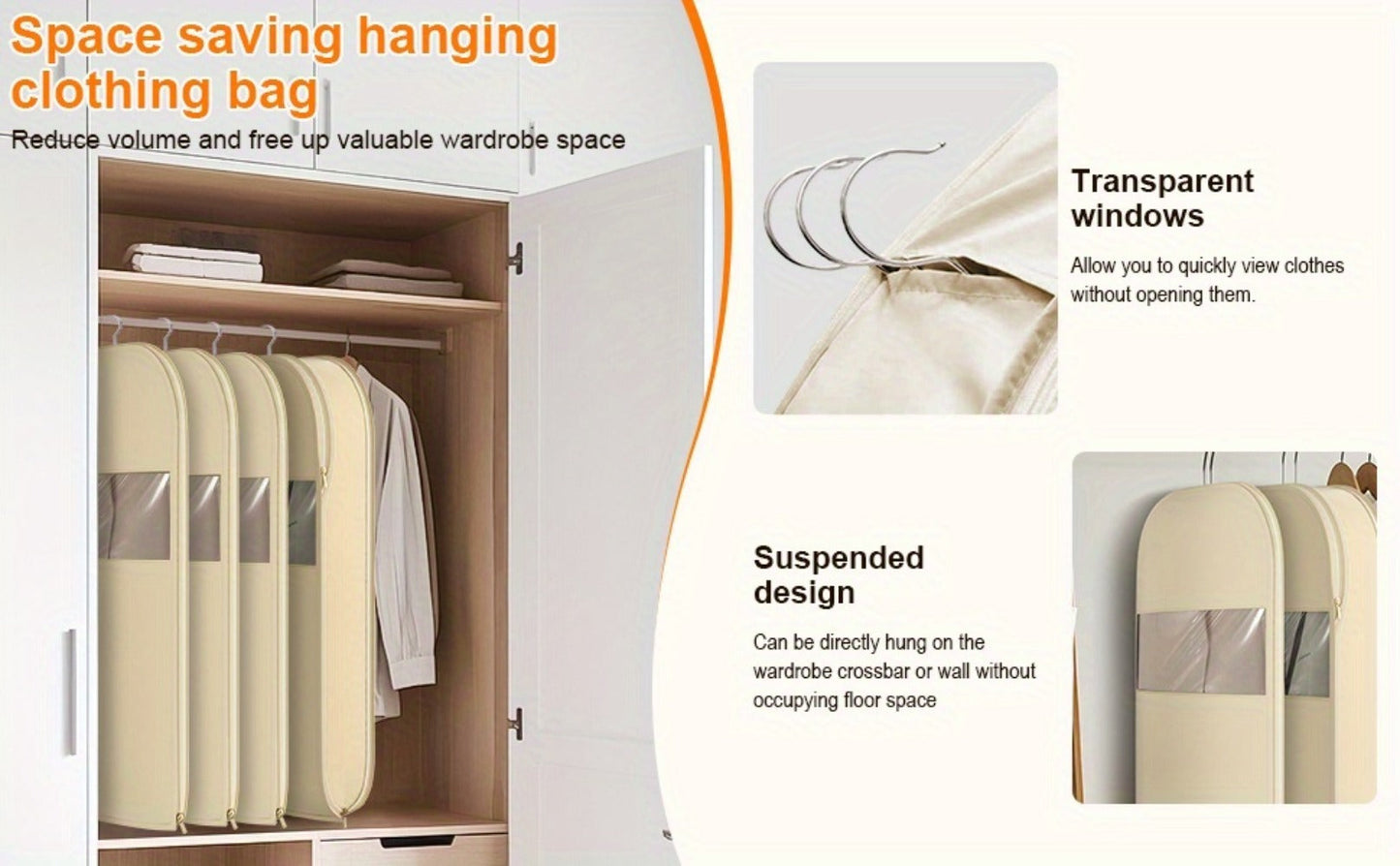 Hanging Garment Bag with Compression Zipper Space Saving Dustproof Clothes Storage Bag with Self Compression Zip Technology for Suits Dresses Coats Closet Wardrobe Organization Beige