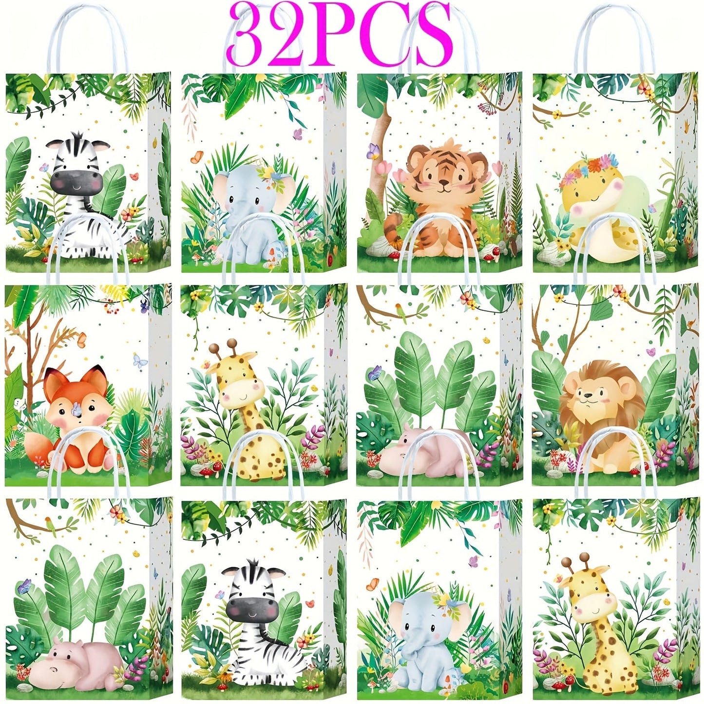Party Favor Bags Safari Animals Jungle Theme Woodland Print Paper Goodie Bags with Handles for Kids Birthday Party Candy Gift Bags 8 Styles 16 or 32 Pack