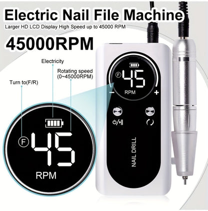 Electric Nail Drill 45000 RPM Cordless Kit with Power Display, Adjustable Speed and Three Colors