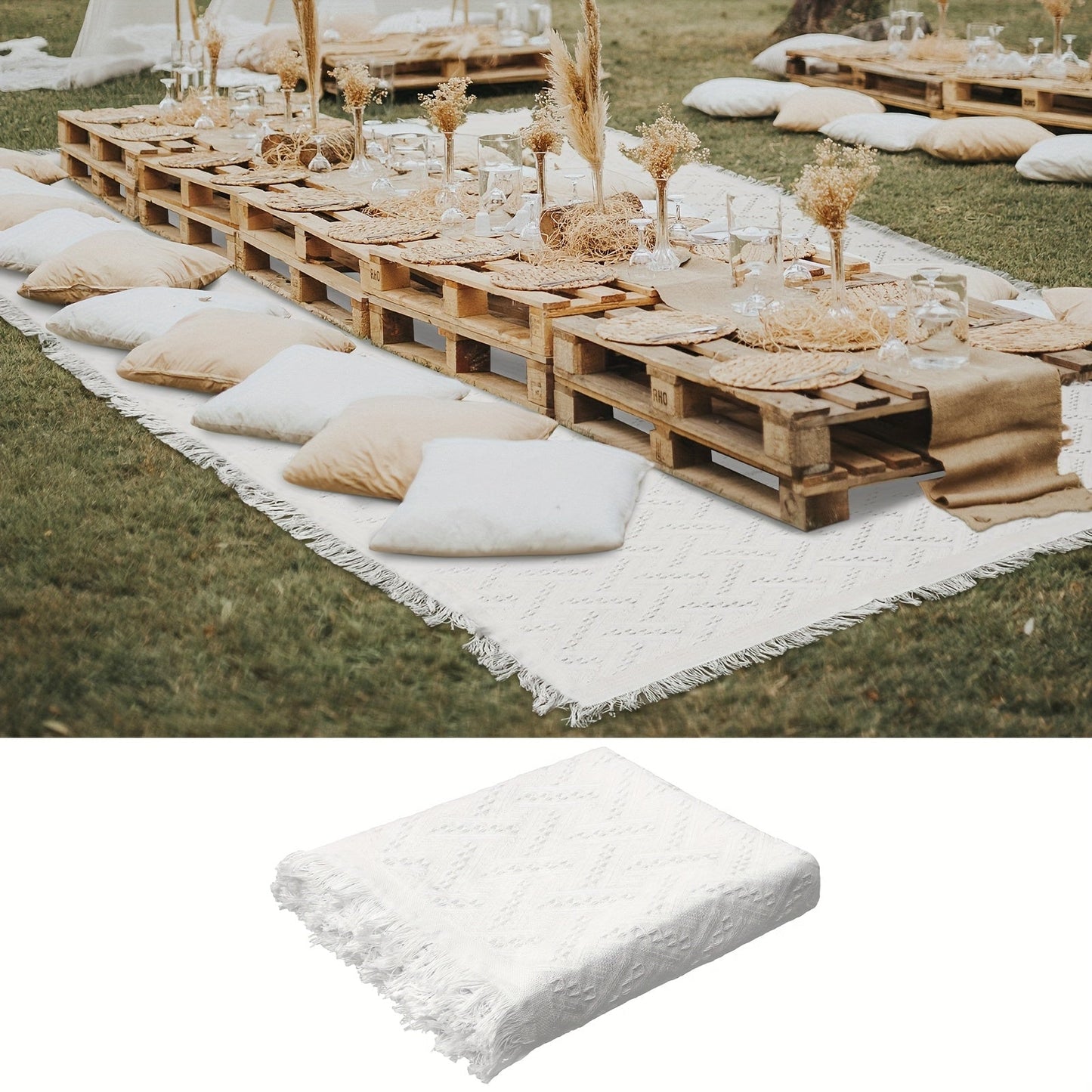 91 x 71-Inch Picnic Blanket in White Woven Cotton with Subtle Geometric Texture and Fringe Edges