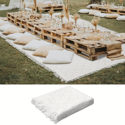 91 x 71-Inch Picnic Blanket in White Woven Cotton with Subtle Geometric Texture and Fringe Edges
