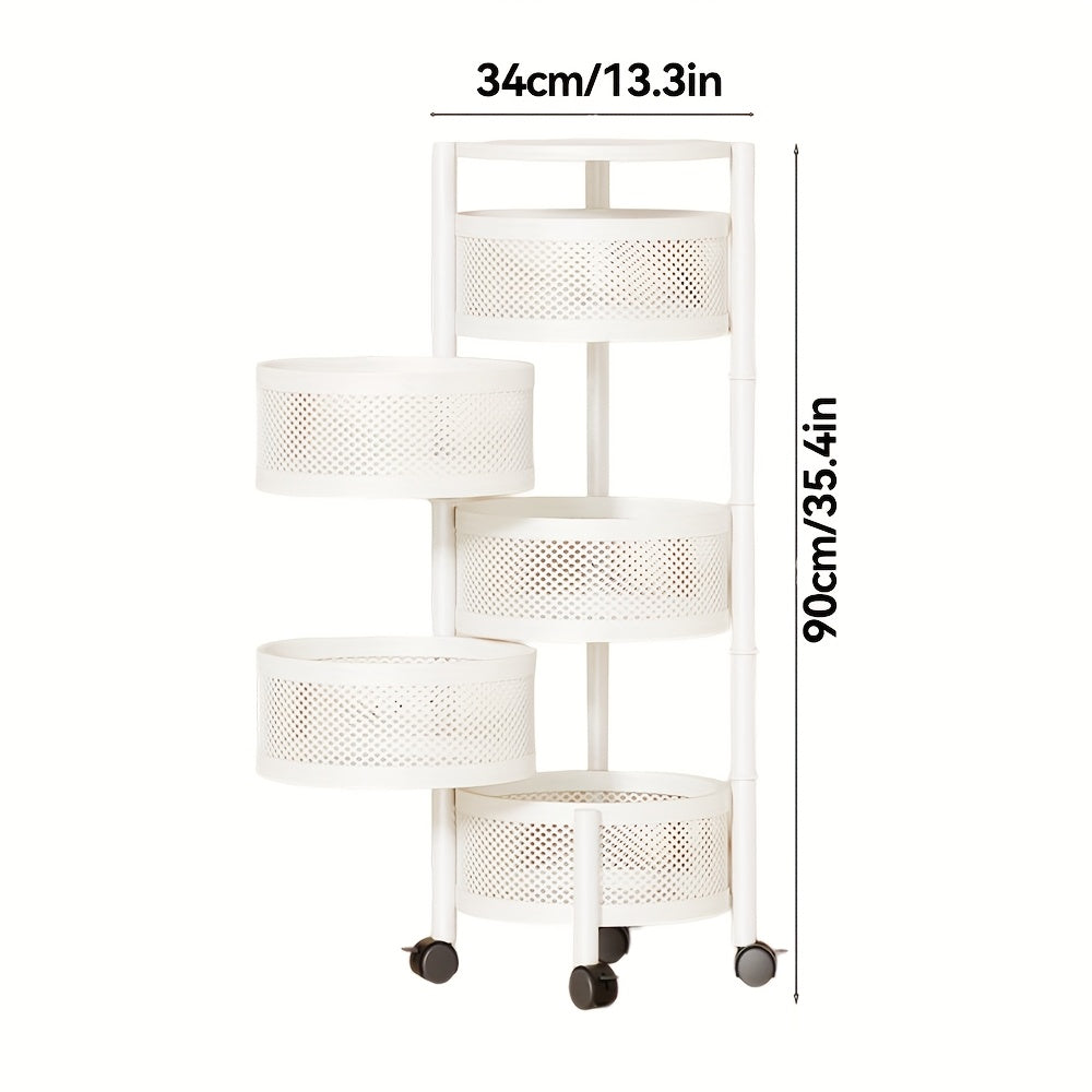 Round-Basket Rolling Storage Rack with Four or Five Mesh Levels, Caster Base and Black or White Finish