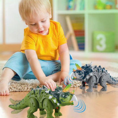 Walking Triceratops Dinosaur Toy with Roaring Sound, LED Lights and Green, Gray or Two-Piece Options