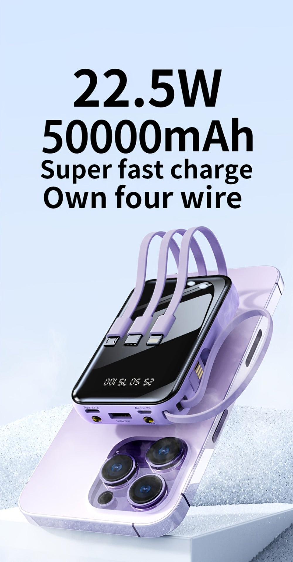 Power Bank 50000mAh 22.5W with Four Built-In Cables, Digital Display and LED Flashlight in Black or Purple