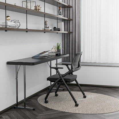 Narrow White 6-Foot Portable Folding Table with Rectangular Top and Folding Gray Leg Frame