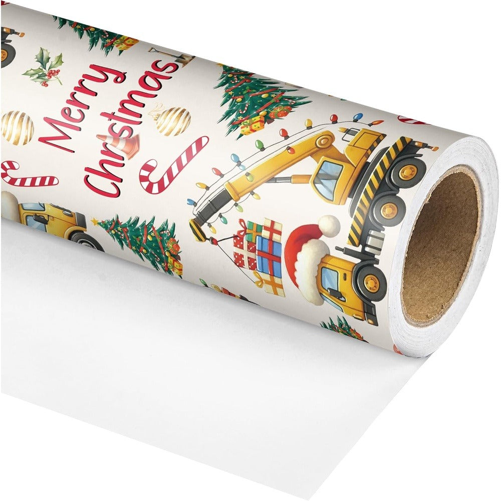 Construction Vehicle Christmas Wrapping Paper Roll with Dump Trucks, Excavators and Tractors