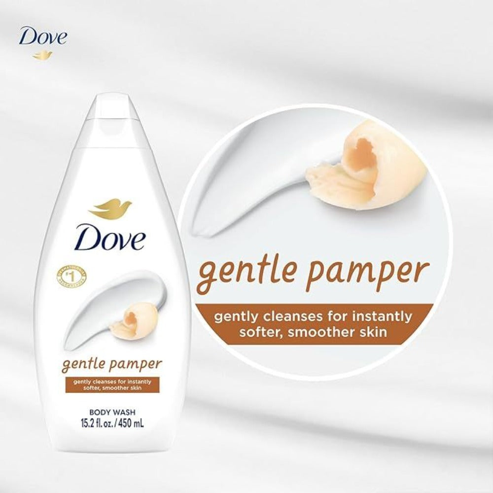 Three-Pack Dove Gentle Pamper Body Wash with 450ml Flip-Cap Bottles and Matching Front Labels