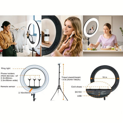 18 Inch LED Ring Light with Stand & Carry Bag – Phone Holder Included, Dimmable Studio Light for Smartphone Camera Photography, Live Streaming, Selfie, Makeup & Video Recording