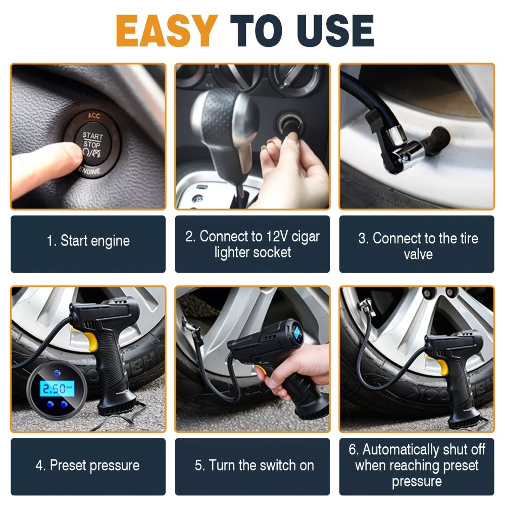 Portable Air Compressor 5200mAh – Wireless Rechargeable Tire Inflator with Digital Pressure Gauge for Car, Bicycle & Ball, Auto Shut-Off, USB Charging, Compact Cordless Air Pump