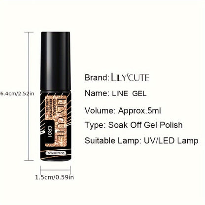 Reflective Liner Nail Art Gel Six-Bottle Set with 5ml CR01 to CR06 Colors and Slim Brushes for Detail Lines