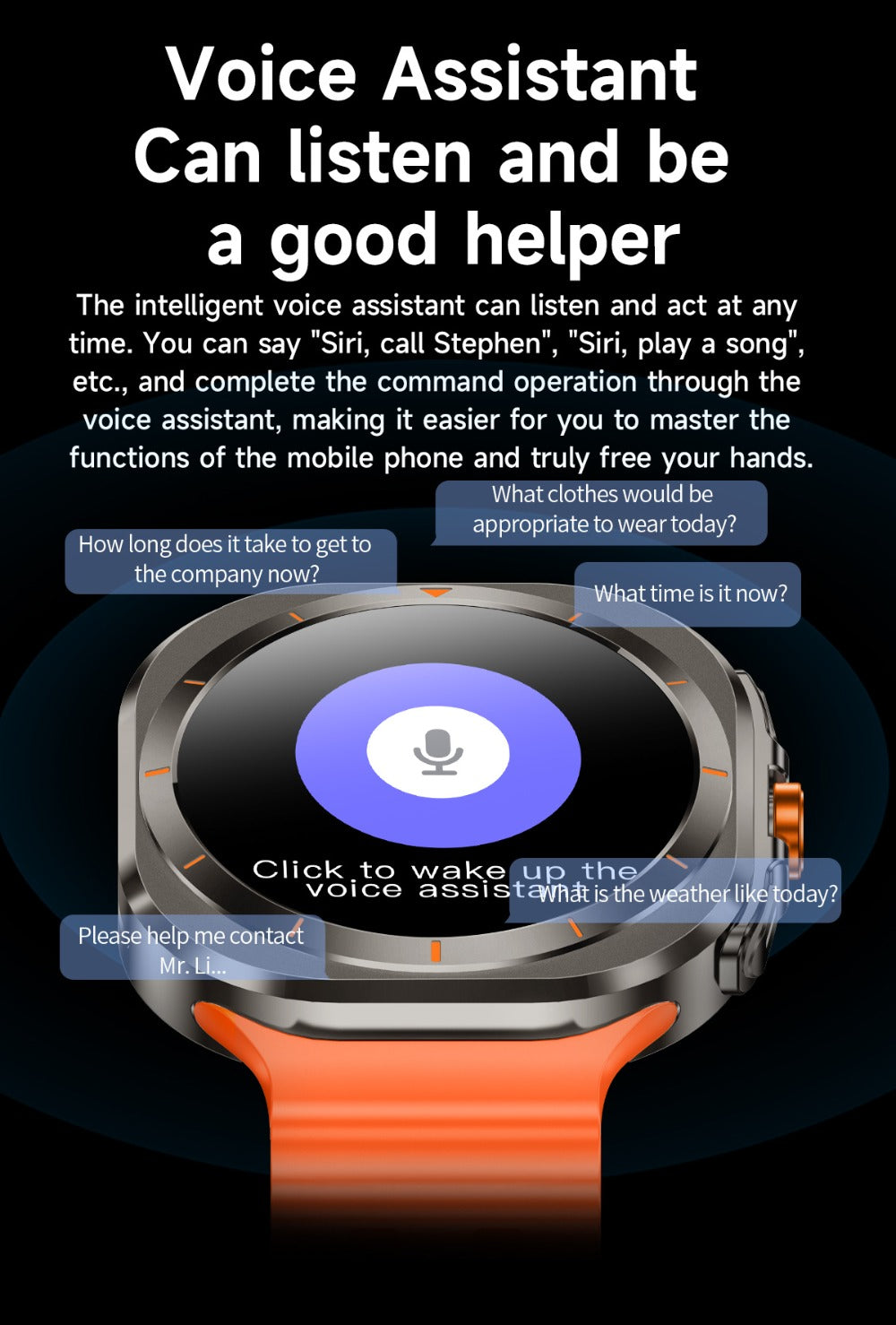 Smart Watch Round Display with Wireless Calling, Custom Faces and Orange, Black, White or Blue Band