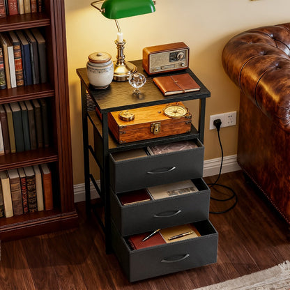 Nightstand Three Fabric Drawers with Charging Station, Open Shelf and Optional LED Configuration
