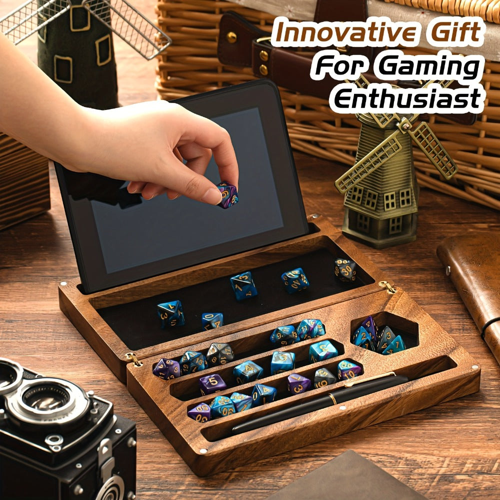 Walnut-Color Wooden Dice Storage Box with Magnetic Flip Lid, Rolling Tray and Phone or Tablet Stand